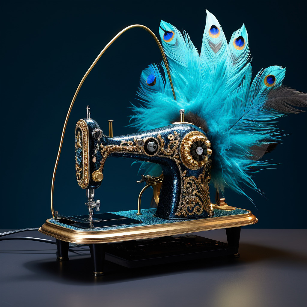 **a sewing machine with a sleek design but with speakers, sequins, feathers and extravagant embelishements** - Image #3