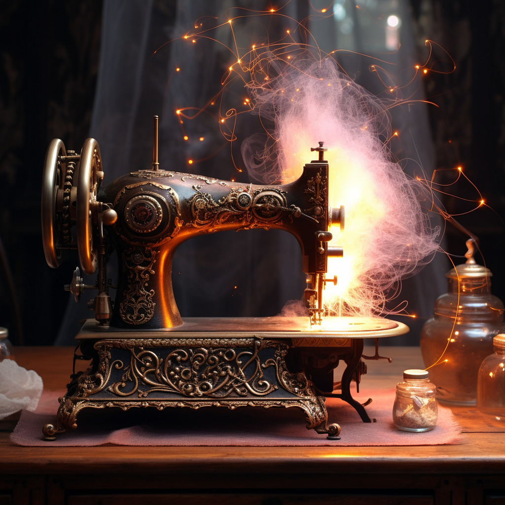 **a steampunk sewing machine into smoke with a glitter of magic** - Image #1