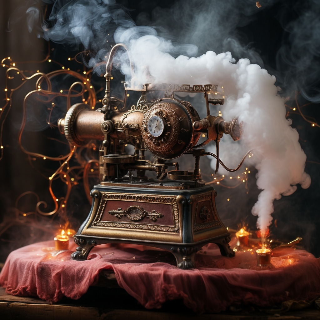 **a steampunk sewing machine into smoke with a glitter of magic** - Image #3