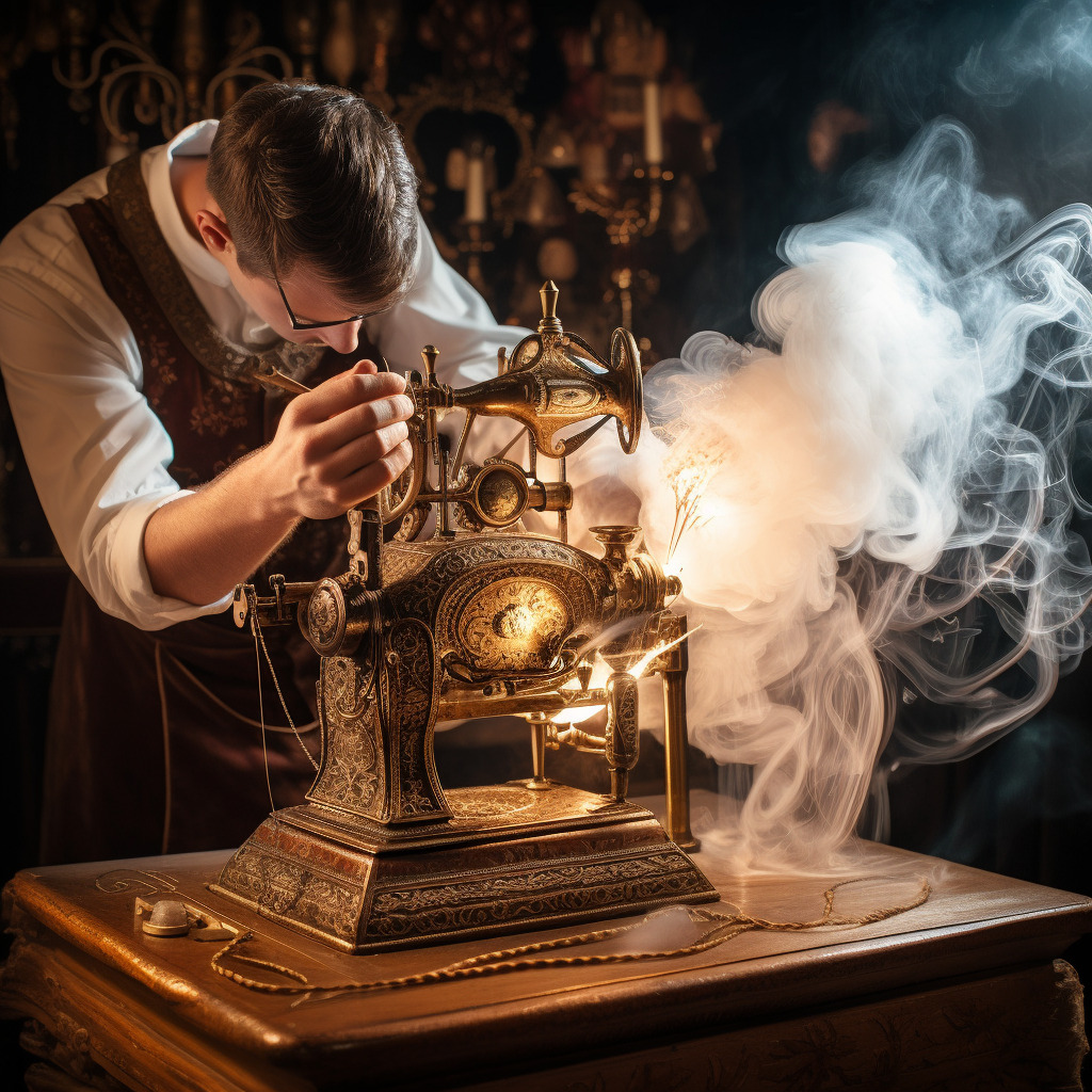 **a steampunk sewing machine into smoke with a glitter of magic** - Image #4